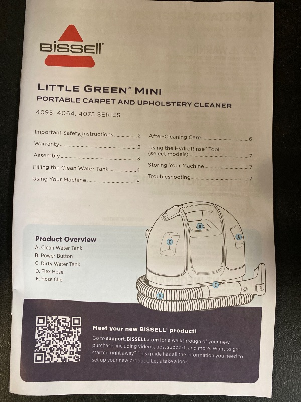 Photo 1 of BISSELL Little Green Mini Portable Carpet and Upholstery Deep Cleaner, Car/Auto Detailer, with HydroRinse Self-Cleaning Tool and 4" Tough Stain Tool, Tea Green, 4075