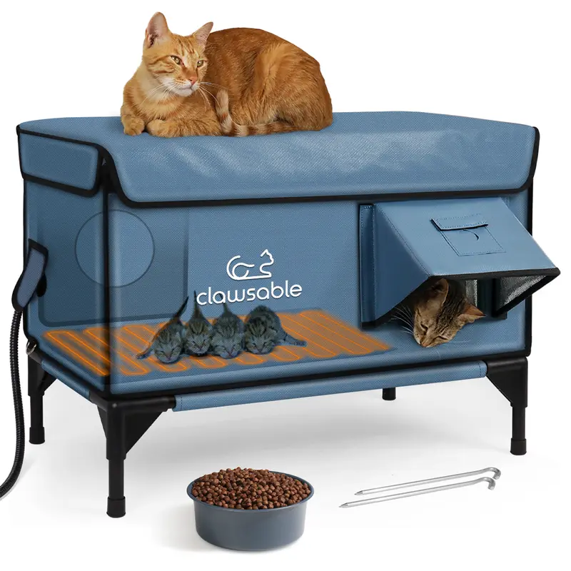 Photo 1 of Clawsable Outdoor Heated Cat House with High-Quality Heating Pad Waterproof Indestructible High Load-Bearing One-Way Escape Door with Ground Nails Ideal for Barn Cats Courtyard Cats and Outdoor Cats(Blue)