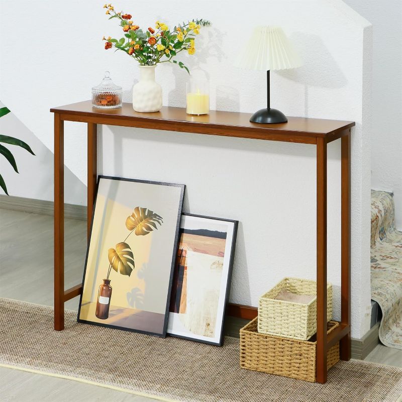 Photo 1 of Bamboo Narrow Console Table, 39.4"(L) Wood Small Entryway Table, Accent Slim Hallway Tables, Thin Sofa Side Tables for Hallway, Living Room, Bedroom, Foyer, Walnut