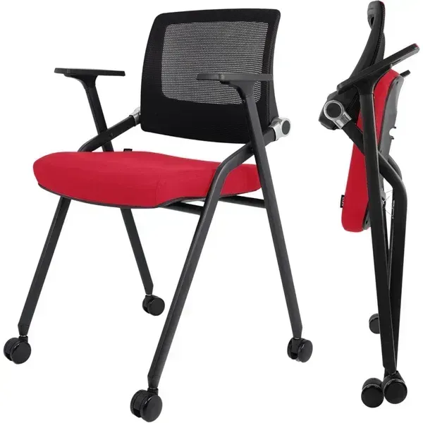 Photo 1 of 2 Pack Foldable Office Chairs with Wheels, Mesh Back, Arms and Portable - Folding Office Chairs for Conference Room Chair, Office Guest & Reception & Meeting Chair - (Red) 300 lbs