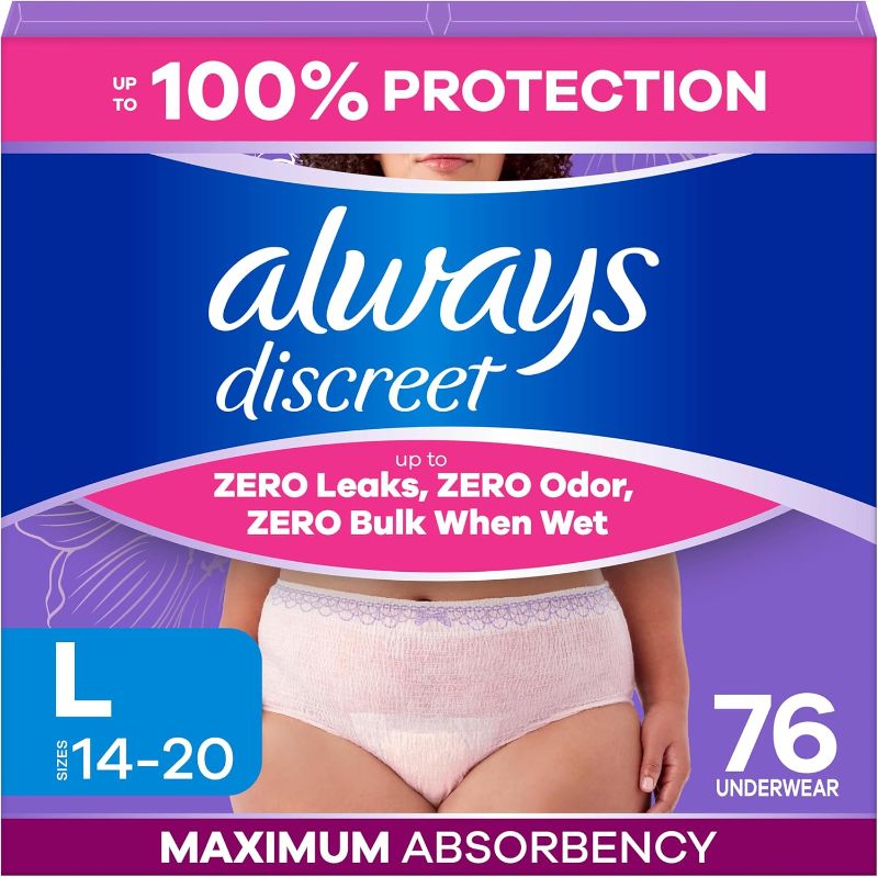 Photo 1 of Always Discreet Adult Diapers for Women, Incontinence Underwear, Postpartum Essentials, Disposable Briefs, Max Absorbency, Bladder Leak Protection, Large, 76ct