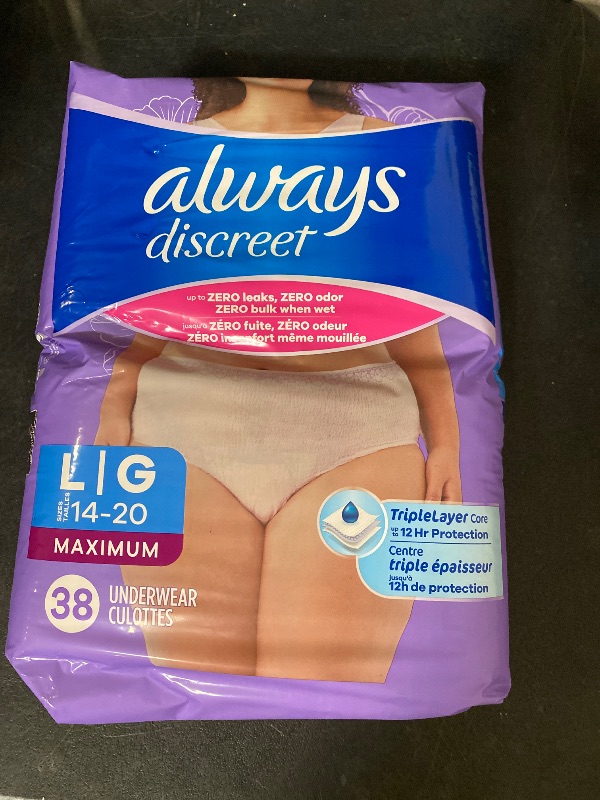 Photo 1 of Always Discreet Adult Diapers for Women, Incontinence Underwear, Postpartum Essentials, Disposable Briefs, Max Absorbency, Bladder Leak Protection, Large, 76ct