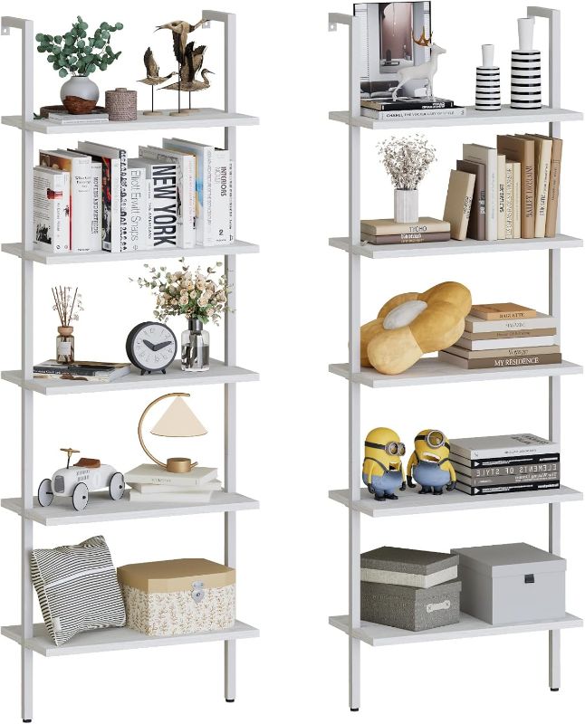 Photo 1 of Aboxoo Ladder Shelf 2 PCS White Bookshelf 5-Tier Wooden Open Shelf Wall-Mounted Wood Rack Industrial Modern Plant Flower Stand Utility Organizer Bookcase Metal Frame Furniture Office Kitchen Bedroom