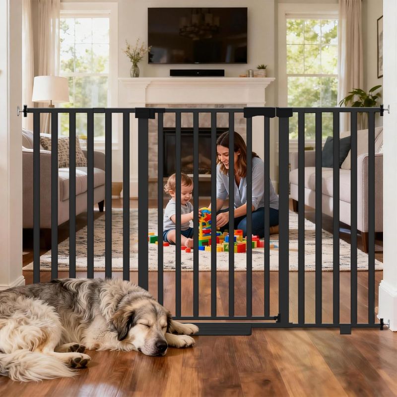 Photo 1 of 30"-62.5" Extra Wide Baby Gate for Doorways/Hallways,Pressure-Mounted Dog Gate Indoor for Stairs, Auto Close Pet Door for Child/pet Proof Safety, No Need Drilling,Black