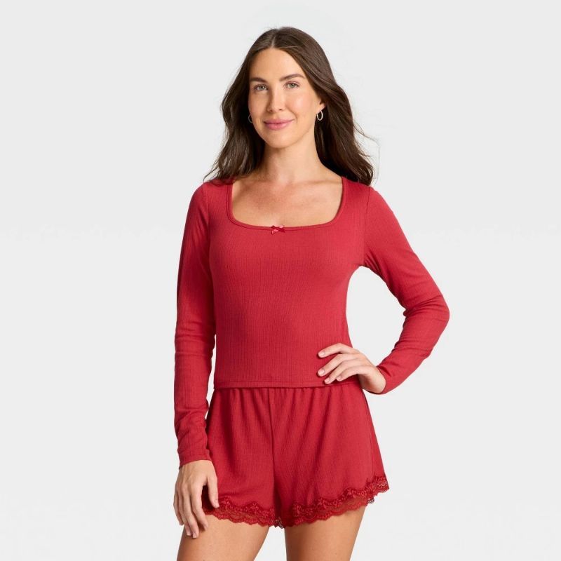 Photo 1 of Size M Women's Variegated Ribbed Long Sleeve Pajama Top - Auden™ Red M
