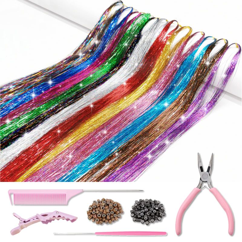 Photo 1 of Hair Tinsel Kit with Tools and Instruction Easy to Use 12 Colors 2400 Strands 48 Inches Tinsel Hair Extensions for Women and Girls, Glitter Sparkling Shinny Fairy Hair Accessories for Party