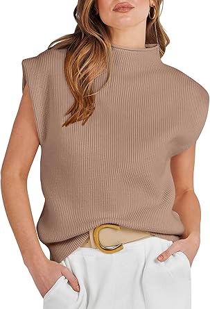 Photo 1 of Size 2XL Amarmia Women's Mock Neck Knit Sweater Vest Sleeveless Casual Trendy Summer Ribbed Pullover Tank Tops- Khaki