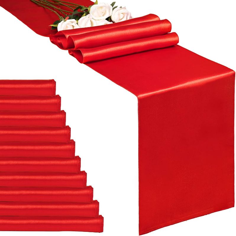Photo 1 of 10-Pack Red 12 x 108 inches Long Premium Satin Table Runner for Wedding, Decorations for Birthday Parties, Banquets, Graduations, Engagements, Table Runners fit Rectange and Round Table