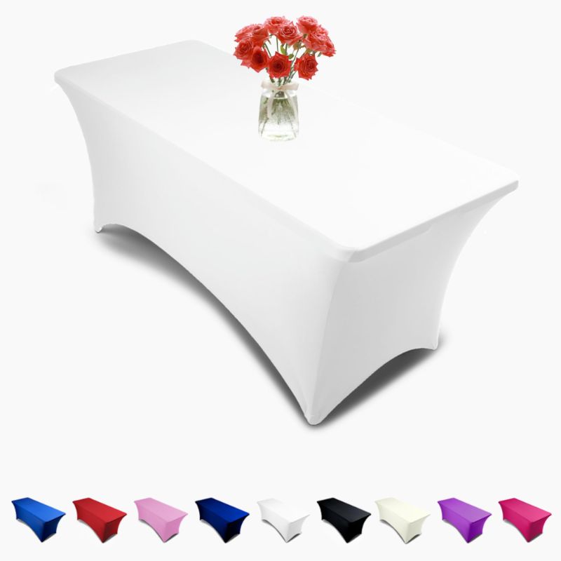 Photo 1 of  1 Pack Spandex Tablecloth Table Top Cap Cover Washable Elastic Rectangle Tablecloth for 6 FT Folding Tables for Indoor Outdoor Party (72 x 30 Inches, White)