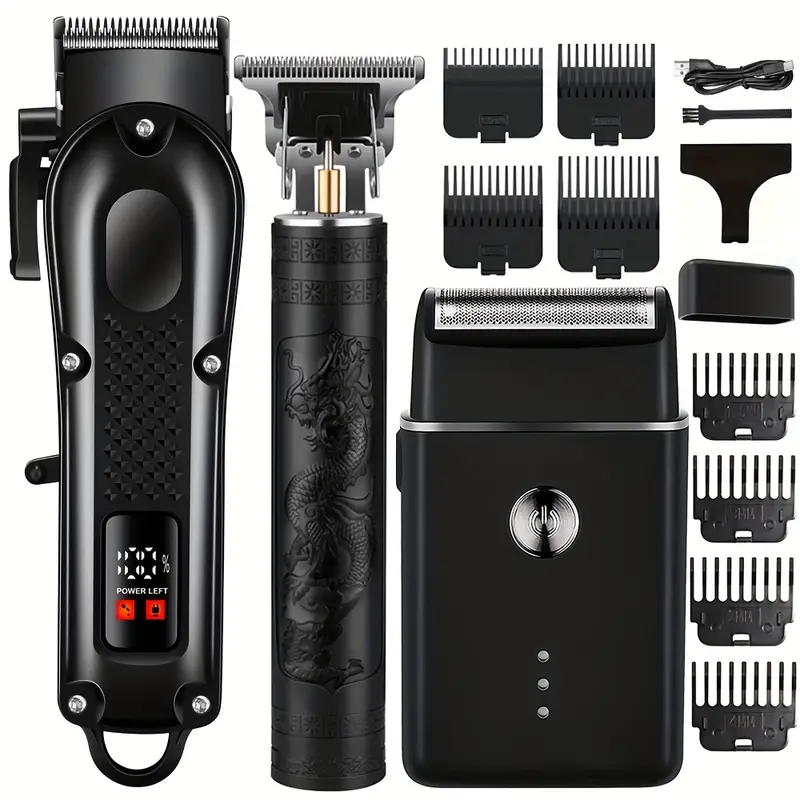 Photo 1 of 3pcs Men'S Professional Hair & Beard Grooming Kit - Cordless Clippers with LED Display, Precision Trimmer Set, USB Rechargeable, for Home Use, Perfect Holiday Gift