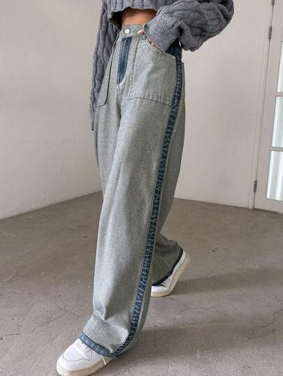 Photo 1 of DAZY Contrast Side Seam Slant Pocket Wide Leg Jeans