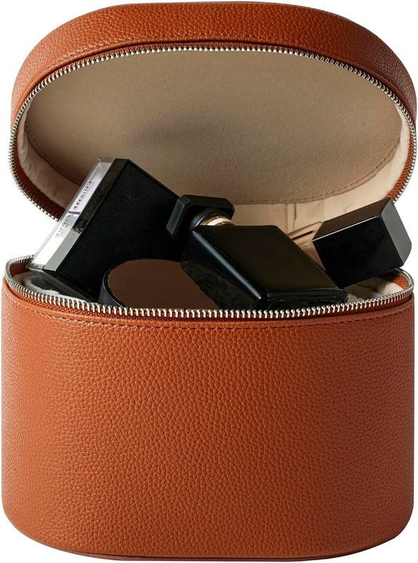Photo 1 of Brown Makeup Bag Vanity Case with Divider and Handle, Aesthetic Makeup Bags, Waterproof PU Leather Toiletry Bag for Women Girls, Portable Cosmetic Organizer Bag
