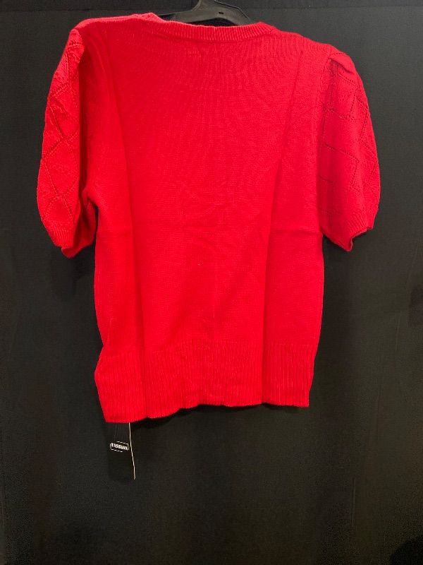 Photo 1 of Size M Womens Short Sleeve Lightweight Sweaters Crewneck Knit Pullover Tops with Crochet Sleeve Casual Crochet Blouse Shirt -Red