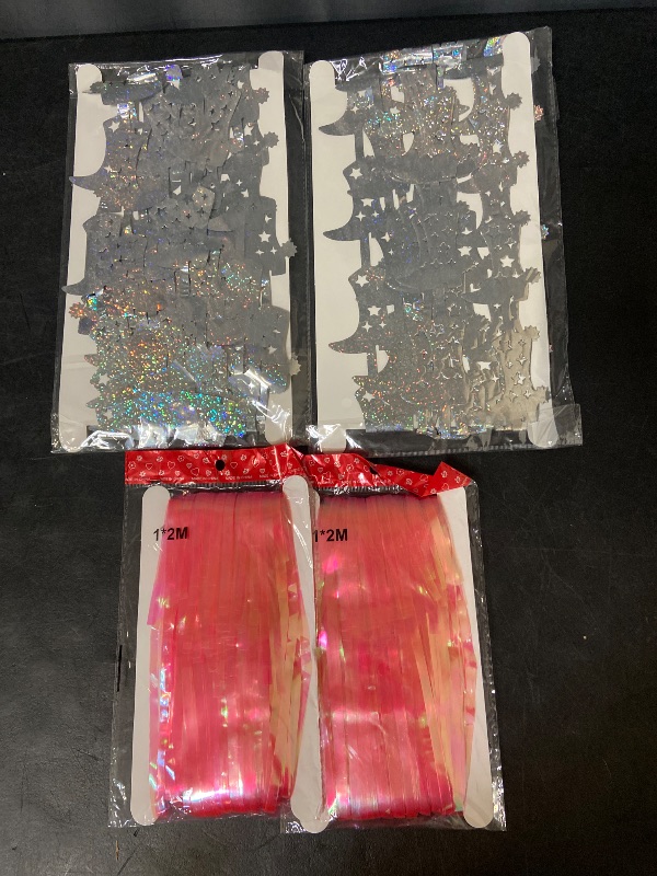 View 2 of Mindsoft 4 Pcs Cowgirl Party Decorations 2 Cowgirl Boot Metallic Tinsel Foil Fringe Curtains 2 Backdrop Curtain for Photo Birthday Bachelorette Wedding Disco Party Booth Decorations (Candy Pink)