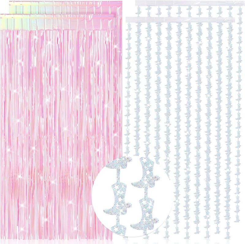 View 1 of Mindsoft 4 Pcs Cowgirl Party Decorations 2 Cowgirl Boot Metallic Tinsel Foil Fringe Curtains 2 Backdrop Curtain for Photo Birthday Bachelorette Wedding Disco Party Booth Decorations (Candy Pink)