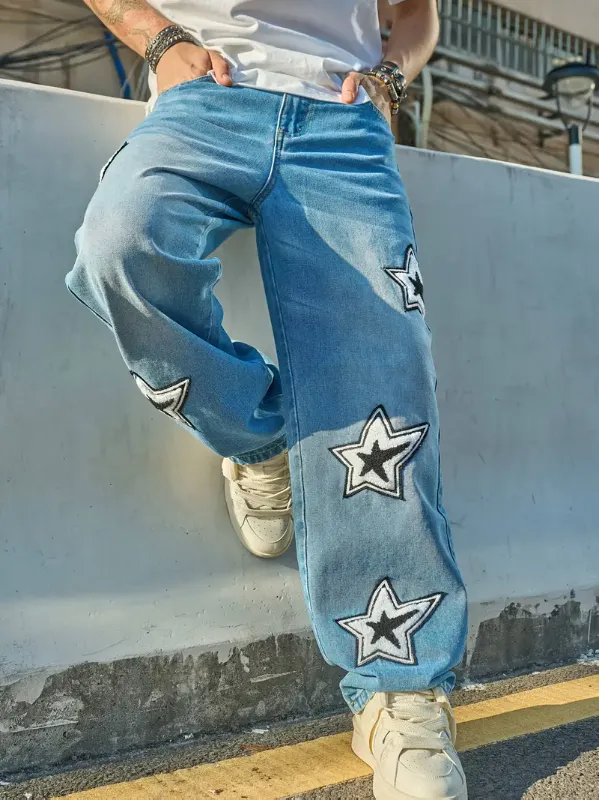 Photo 1 of Size M Men's Star Print Straight Leg Jeans, Loose Fit Light Wash
