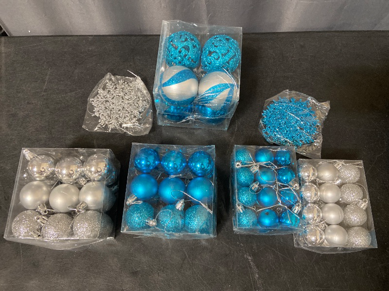 View 1 of 100 pcs shatterproof Christmas ball ornaments for a decorative tree. Blue and Silver