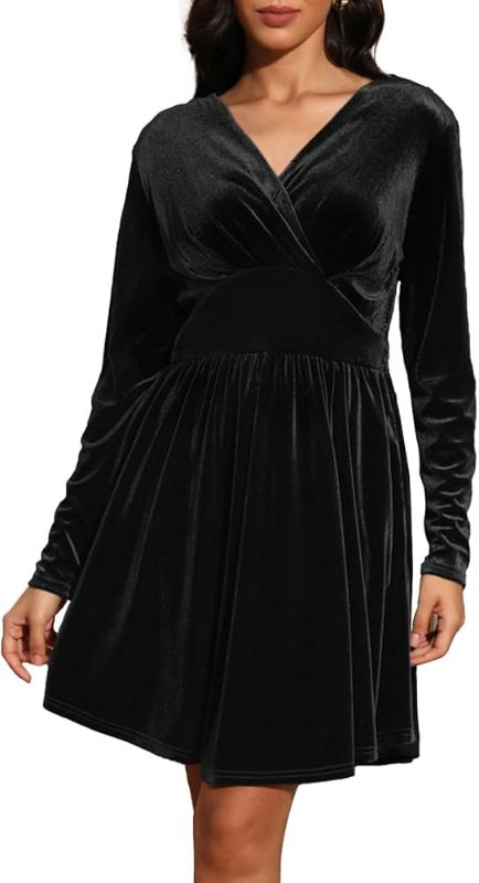 Photo 1 of Size XL Women's V Neck Velvet Dress Pocket Long Sleeve Fall Winter Wrap Tunic Short Party Wedding Guest Dress