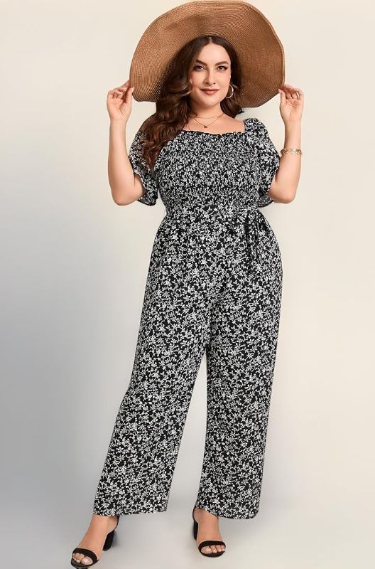 Photo 1 of Size 2 XL Women Jumpsuits for Plus Size Casual Square Neck One Piece Floral Wide Leg Rompers Black Flower