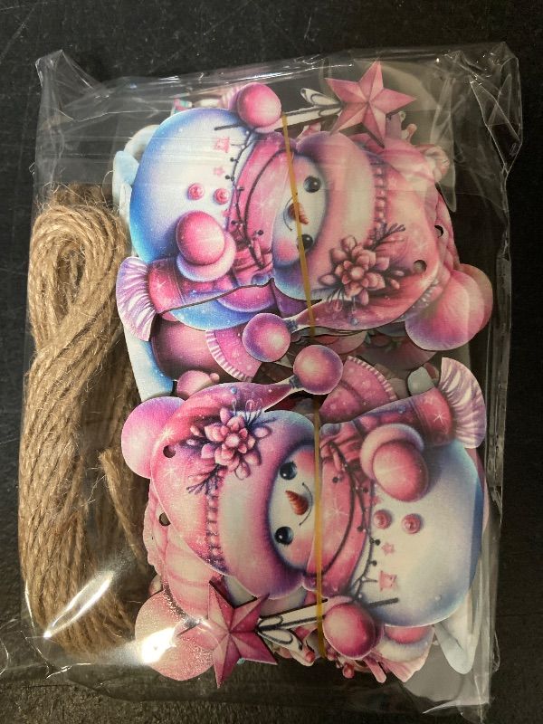Photo 1 of 24PCS Christmas Wooden Ornaments - 12 Unique Patterns with Hemp Rope | Xmas Tree, Home & Garden Decor- Pink Christmas Snowman