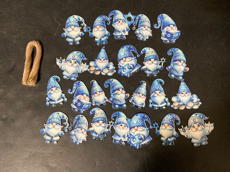 Photo 1 of 24PCS Christmas Wooden Ornaments - 12 Unique Patterns with Hemp Rope | Xmas Tree, Home & Garden Decor- Blue Hanukkah Gnomes