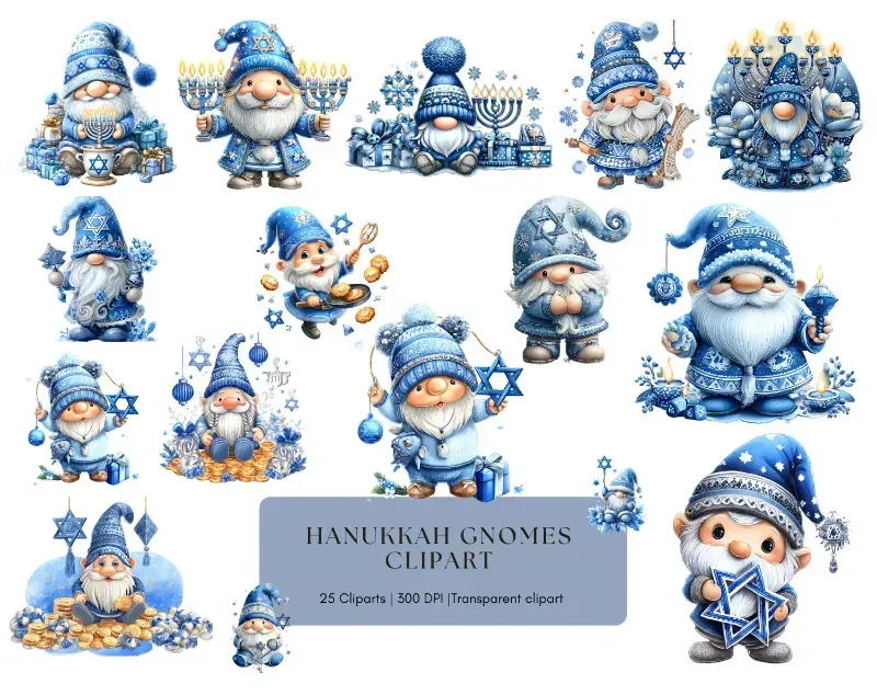 Photo 1 of 24PCS Christmas Wooden Ornaments - 12 Unique Patterns with Hemp Rope | Xmas Tree, Home & Garden Decor- Blue Hanukkah Gnomes