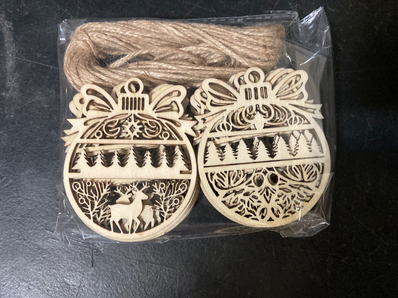 Photo 1 of 24PCS Christmas Wooden Ornaments - 12 Unique Patterns with Hemp Rope | Xmas Tree, Home & Garden Decor-Ornaments W/Reindeer and Forest