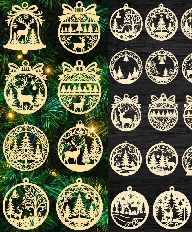 Photo 1 of 24PCS Christmas Wooden Ornaments - 12 Unique Patterns with Hemp Rope | Xmas Tree, Home & Garden Decor-Ornaments W/Reindeer and Forest