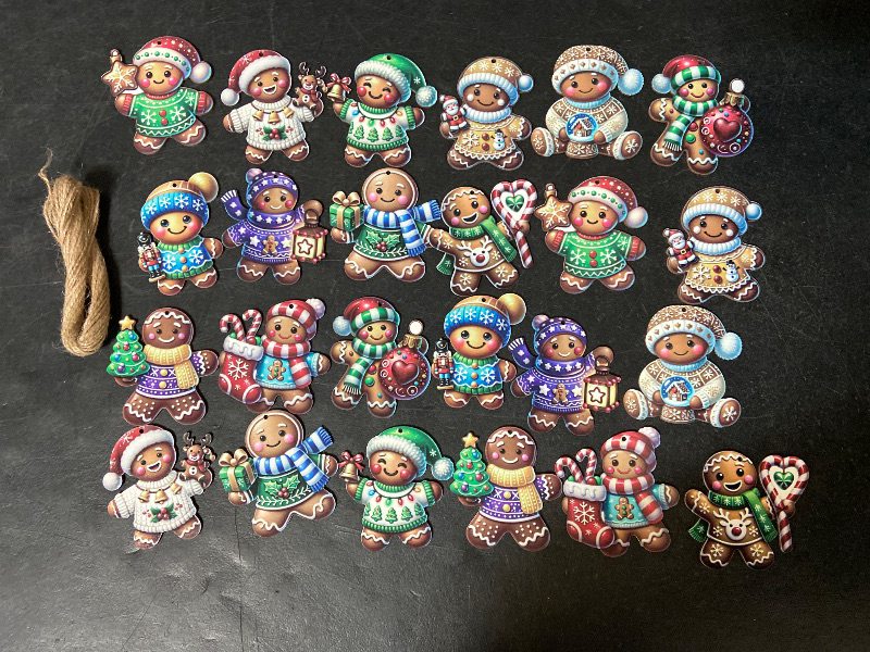 Photo 1 of 24PCS Christmas Wooden Ornaments - 12 Unique Patterns with Hemp Rope | Xmas Tree, Home & Garden Decor- Christmas Gingerbread man W/Toys
