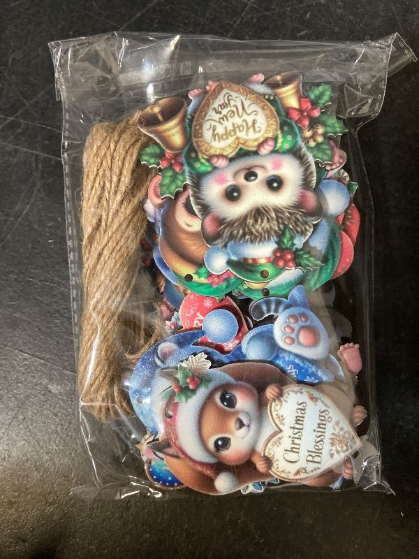 Photo 1 of 24PCS Christmas Wooden Ornaments - 12 Unique Patterns with Hemp Rope | Xmas Tree, Home & Garden Decor- Baby Critters W/Christmas Signs