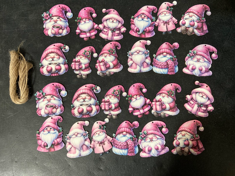 Photo 1 of 24 PCS Christmas Wooden Ornaments - 12 Unique Patterns with Hemp Rope | Xmas Tree, Home & Garden Decor - Pink Gnome W/Coffee