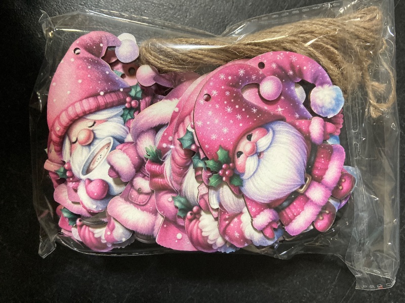Photo 1 of 24 PCS Christmas Wooden Ornaments - 12 Unique Patterns with Hemp Rope | Xmas Tree, Home & Garden Decor - Pink Gnome W/Coffee