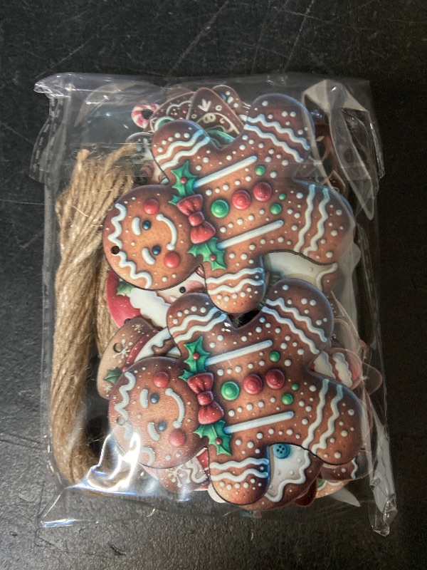 Photo 1 of 24PCS Christmas Wooden Ornaments - 12 Unique Patterns with Hemp Rope | Xmas Tree, Home & Garden Decor- Christmas Gingerbread cookies characters
