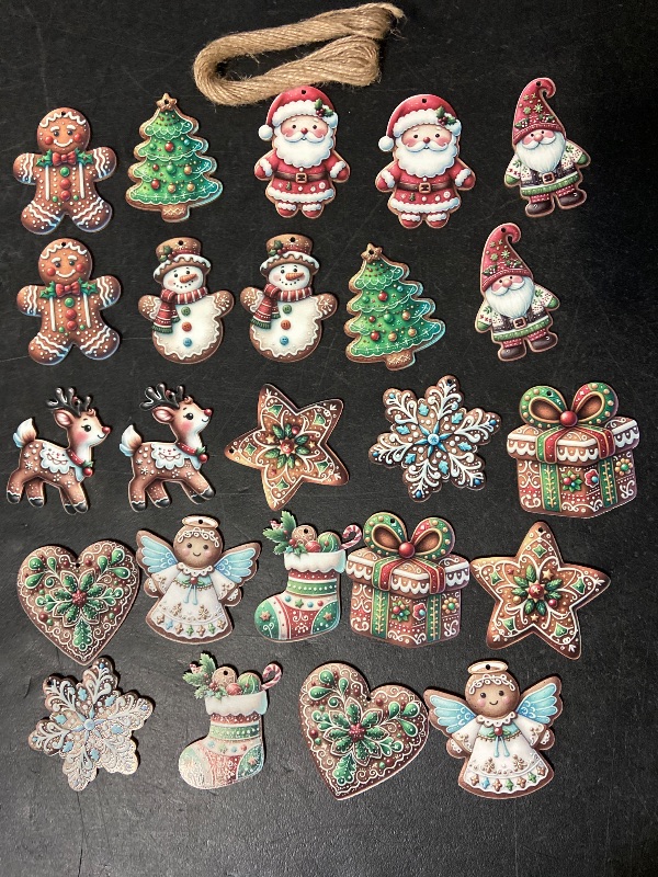 Photo 1 of 24PCS Christmas Wooden Ornaments - 12 Unique Patterns with Hemp Rope | Xmas Tree, Home & Garden Decor- Christmas Gingerbread cookies characters