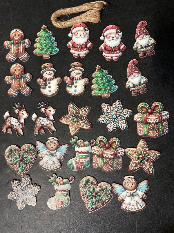 Photo 1 of 24PCS Christmas Wooden Ornaments - 12 Unique Patterns with Hemp Rope | Xmas Tree, Home & Garden Decor- Christmas Gingerbread cookies characters