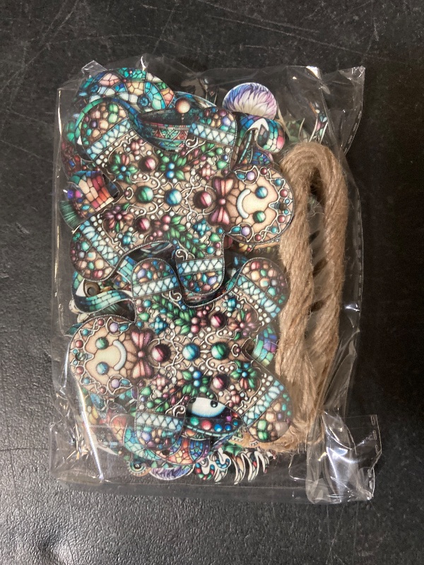 Photo 1 of 24 PCS Christmas Wooden Ornaments - 12 Unique Patterns with Hemp Rope | Xmas Tree, Home & Garden Decor - Stained Glass Gingerbread