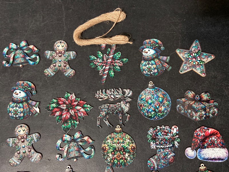 Photo 1 of 24 PCS Christmas Wooden Ornaments - 12 Unique Patterns with Hemp Rope | Xmas Tree, Home & Garden Decor - Stained Glass Gingerbread