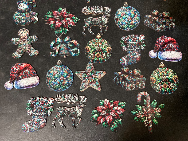 Photo 1 of 24 PCS Christmas Wooden Ornaments - 12 Unique Patterns with Hemp Rope | Xmas Tree, Home & Garden Decor - Stained Glass Gingerbread