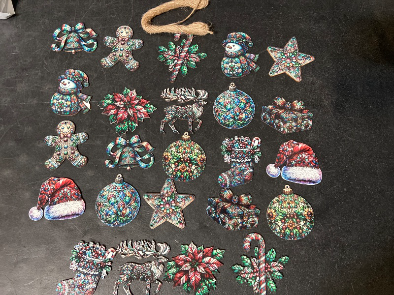 Photo 1 of 24 PCS Christmas Wooden Ornaments - 12 Unique Patterns with Hemp Rope | Xmas Tree, Home & Garden Decor - Stained Glass Gingerbread