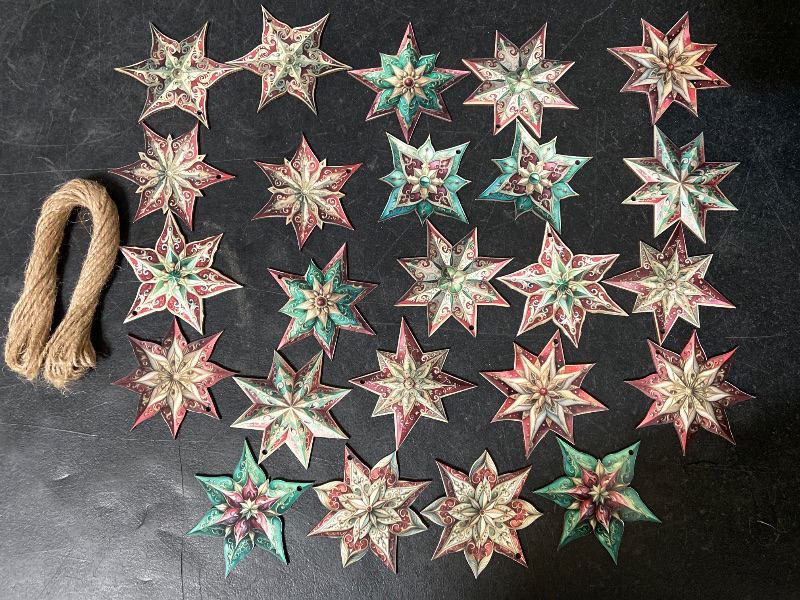 Photo 1 of 24PCS Christmas Wooden Ornaments - 12 Unique Patterns with Hemp Rope | Xmas Tree, Home & Garden Decor-Vintage Christmas Stars