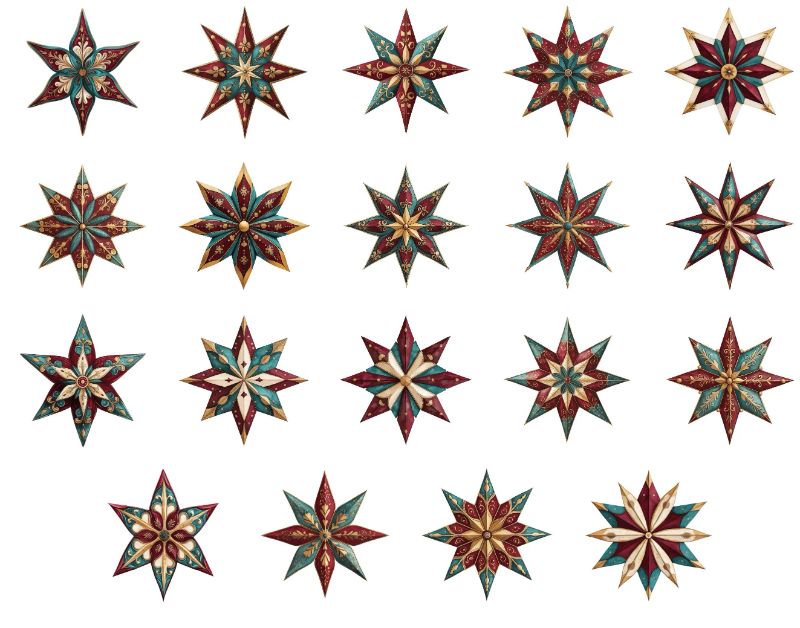 Photo 1 of 24PCS Christmas Wooden Ornaments - 12 Unique Patterns with Hemp Rope | Xmas Tree, Home & Garden Decor-Vintage Christmas Stars