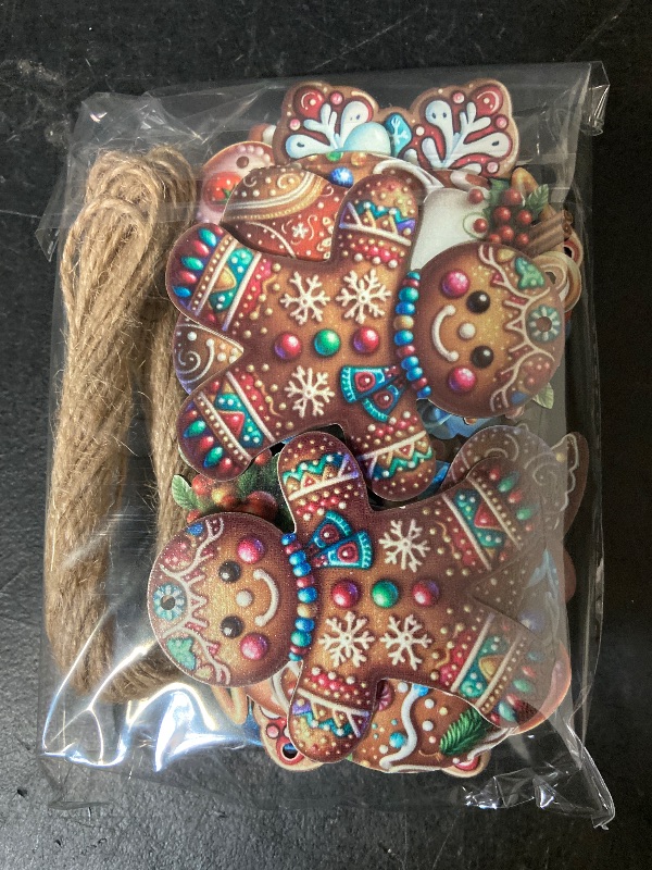 Photo 1 of 24PCS Christmas Wooden Ornaments - 12 Unique Patterns with Hemp Rope | Xmas Tree, Home & Garden Decor- Gingerbread cookie Characters Blue