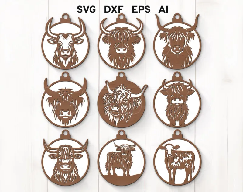Photo 1 of 24 PCS Christmas Wooden Ornaments - 12 Unique Patterns with Hemp Rope | Xmas Tree, Home & Garden Decor - Highland Cows Ornaments