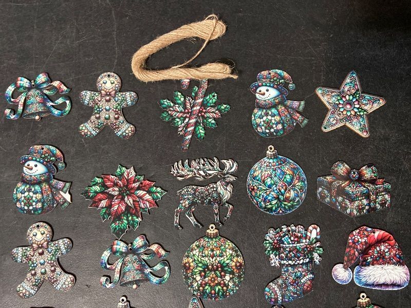 View 3 of 24 PCS Christmas Wooden Ornaments - 12 Unique Patterns with Hemp Rope | Xmas Tree, Home & Garden Decor - Stained Glass Gingerbread