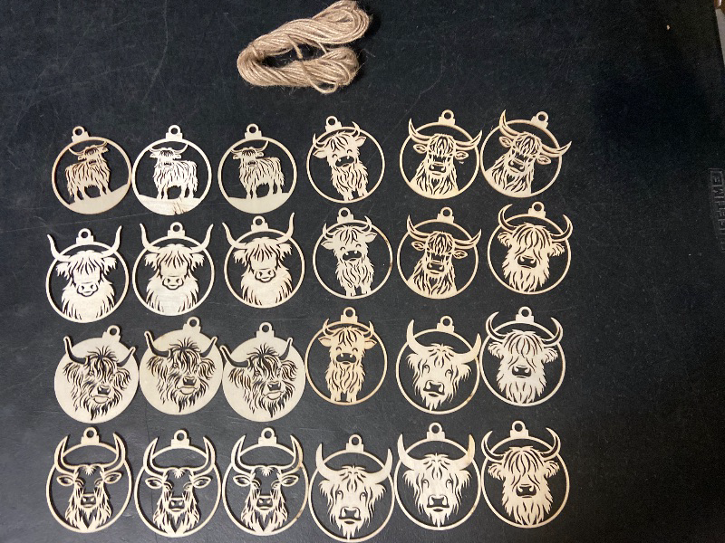 Photo 1 of 24 PCS Christmas Wooden Ornaments - 12 Unique Patterns with Hemp Rope | Xmas Tree, Home & Garden Decor - Highland Cows Ornaments