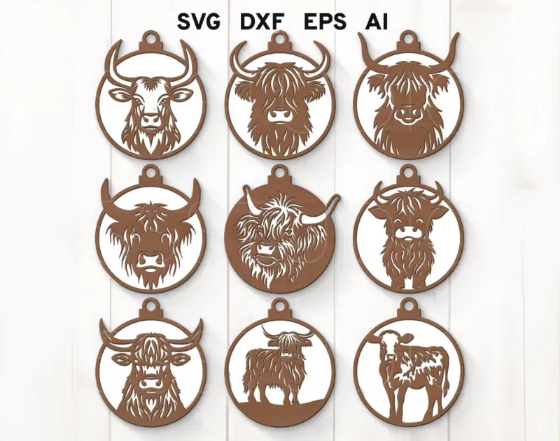 Photo 1 of 24 PCS Christmas Wooden Ornaments - 12 Unique Patterns with Hemp Rope | Xmas Tree, Home & Garden Decor - Highland Cows Ornaments