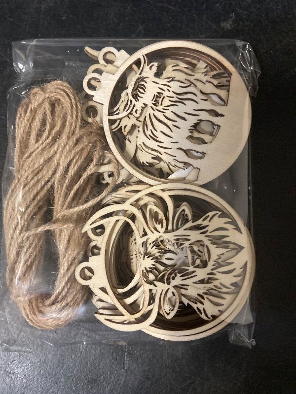 Photo 1 of 24 PCS Christmas Wooden Ornaments - 12 Unique Patterns with Hemp Rope | Xmas Tree, Home & Garden Decor - Highland Cows Ornaments