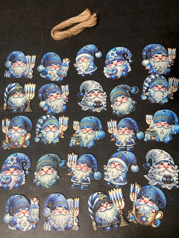 Photo 1 of 24 PCS Christmas Wooden Ornaments - 12 Unique Patterns with Hemp Rope | Xmas Tree, Home & Garden Decor - Blue Hanukkah Baby Gnomes W/Sweets