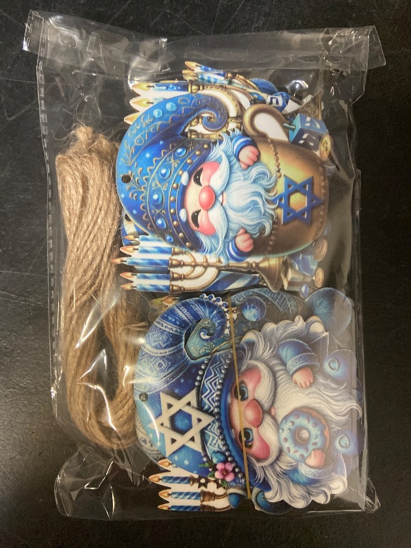 Photo 1 of 24 PCS Christmas Wooden Ornaments - 12 Unique Patterns with Hemp Rope | Xmas Tree, Home & Garden Decor - Blue Hanukkah Baby Gnomes W/Sweets