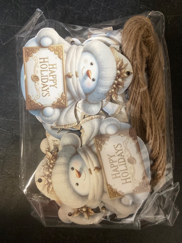 Photo 1 of 24 PCS Christmas Wooden Ornaments - 12 Unique Patterns with Hemp Rope | Xmas Tree, Home & Garden Decor -White & Gold Snowmans